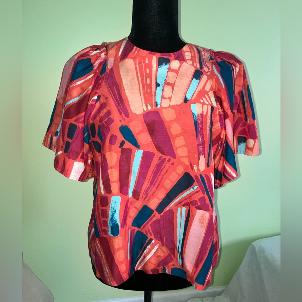 Marie Oliver silk cotton vibrant colorful short sleeve shirt sz XS fit up to M
